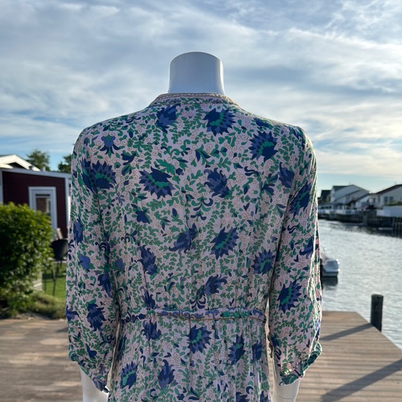 Blue and White Ruffled Midi Sundress with Plunge Neckline - Picture 8 of 16
